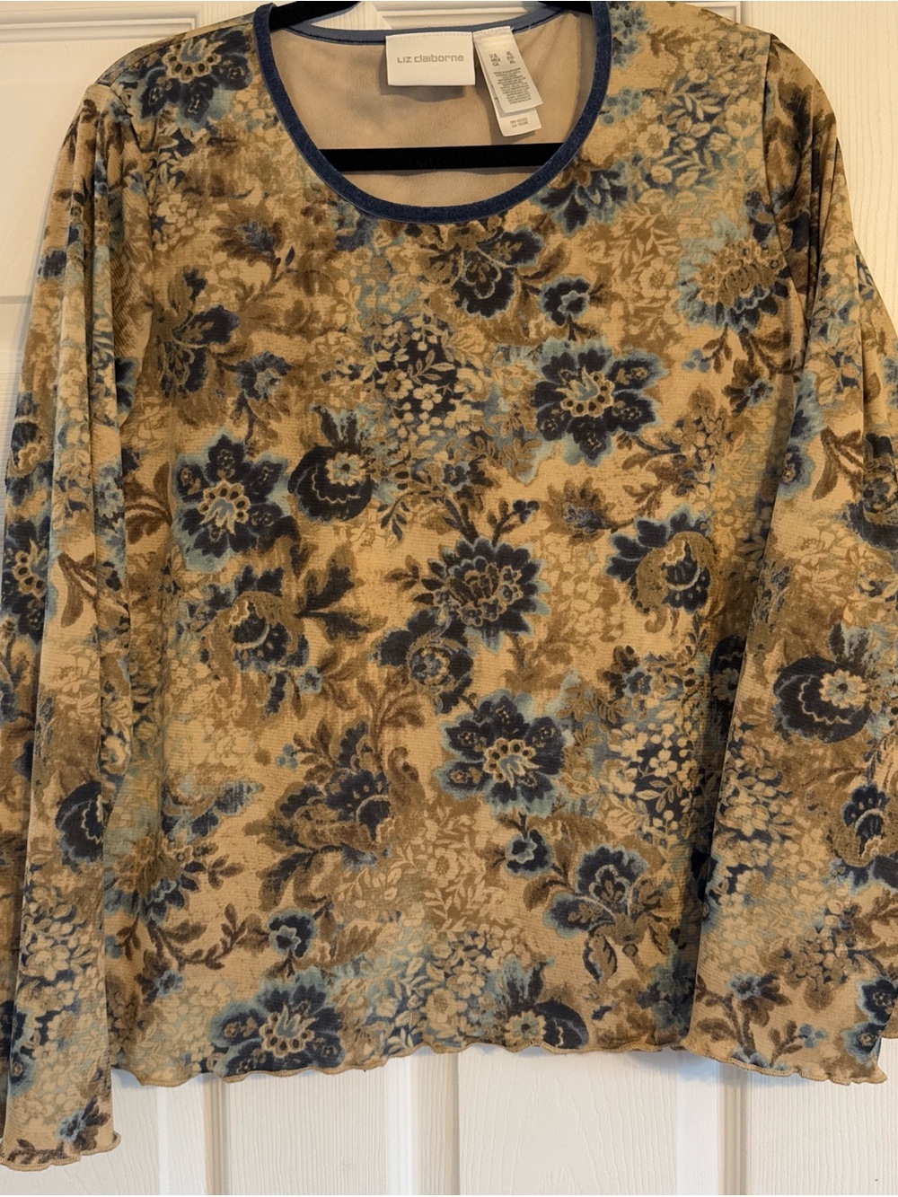 Liz Claiborne Blue Trim and Tan Floral Velvet Blouse